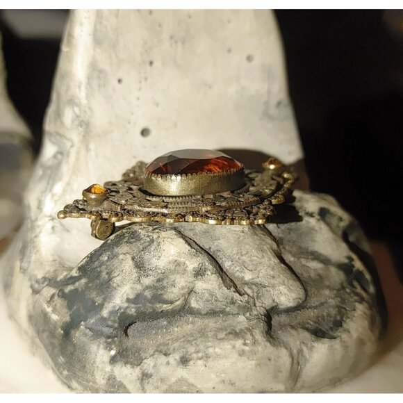 Antique Victorian Brass Filigree Brooch Yellow Orange Amber Colored Glass - Picture 7 of 16